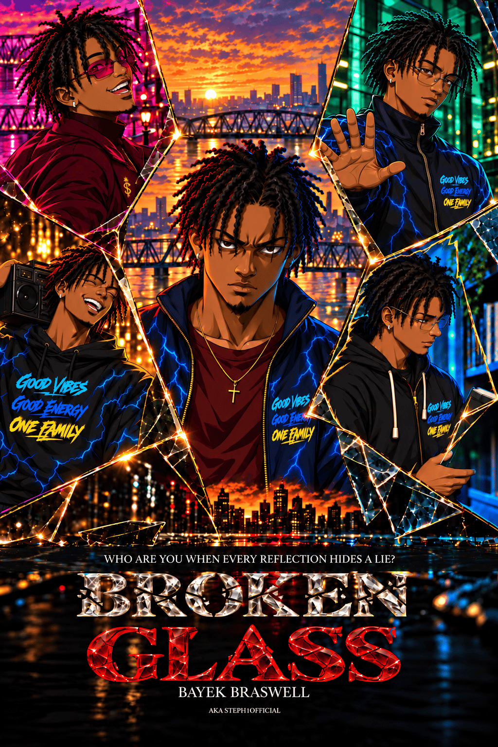 Broken Glass by Bayek Braswell: five anime portraits framed by shattered glass against a sunset city skyline, with a crystal BROKEN title and red glass lettering.