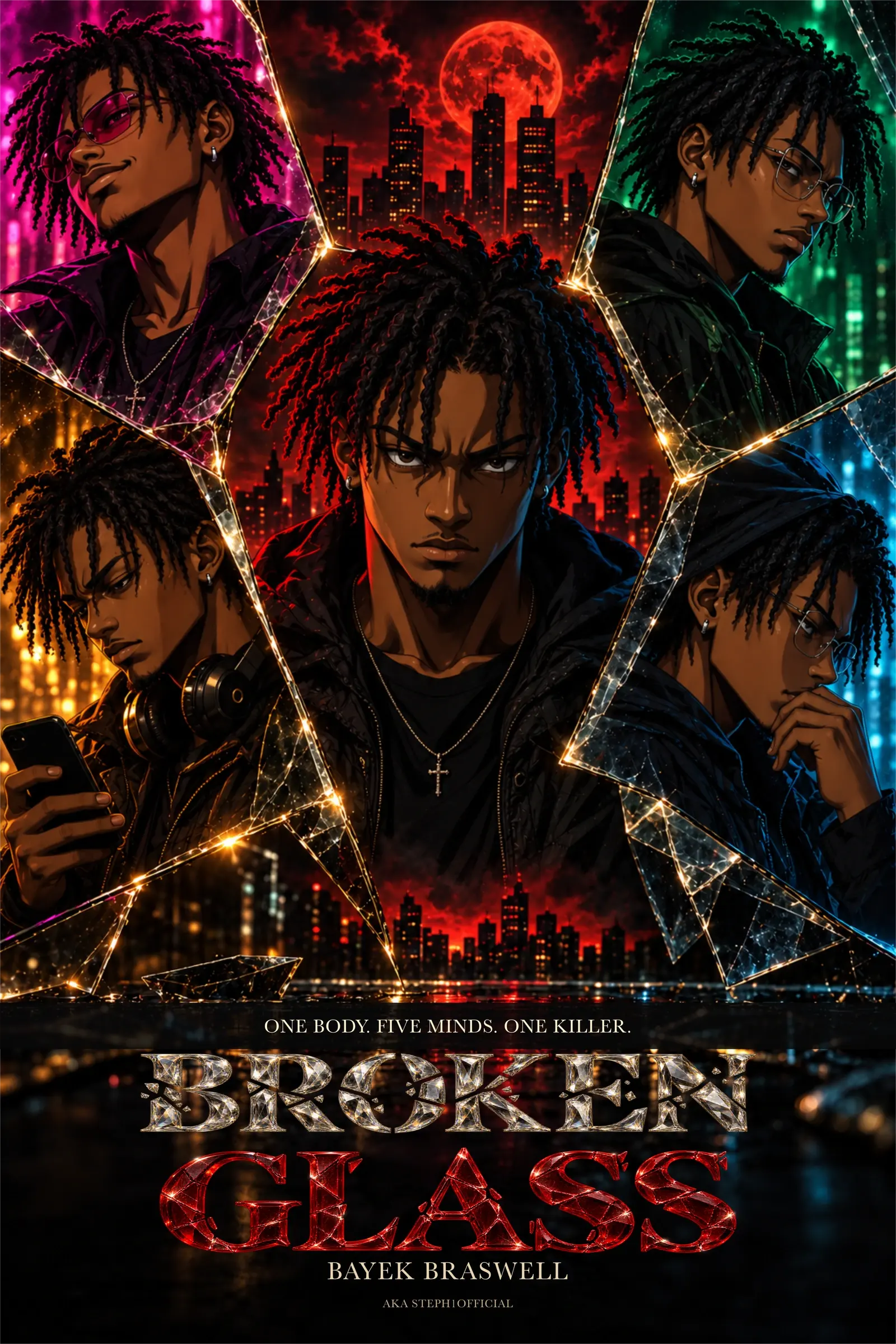 Broken Glass by Bayek Braswell: five anime portraits in shattered glass beneath a red moon, with a fractured crystal BROKEN title and red glass lettering.