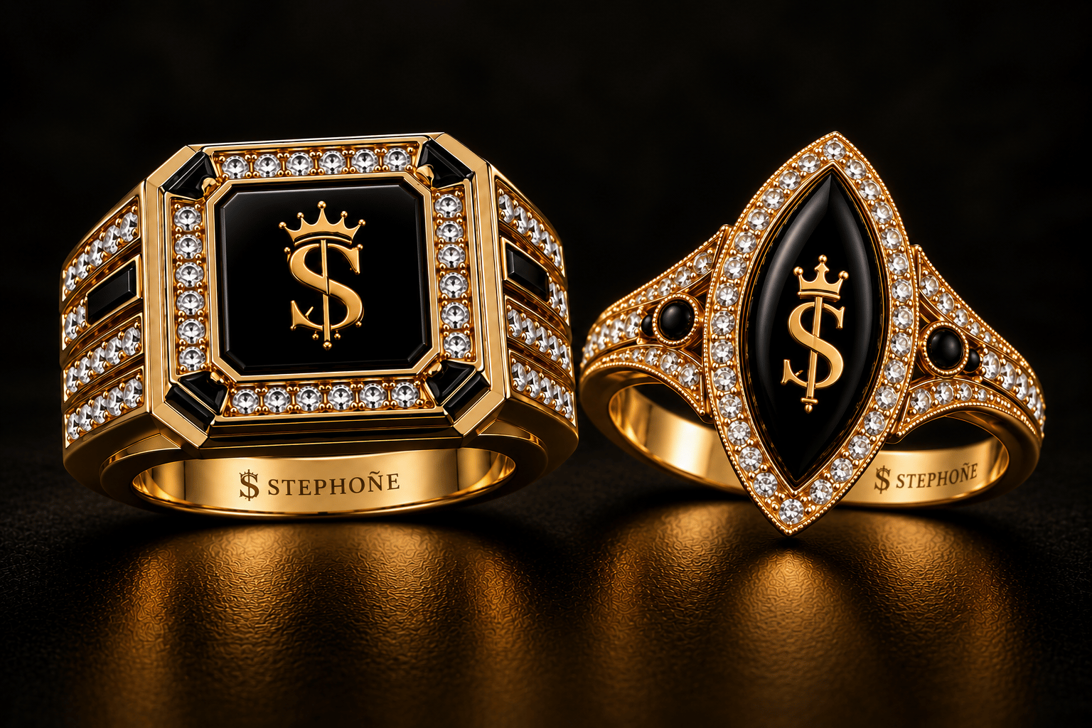 Kamaria matching men's and women's rings resting beside each other in gold