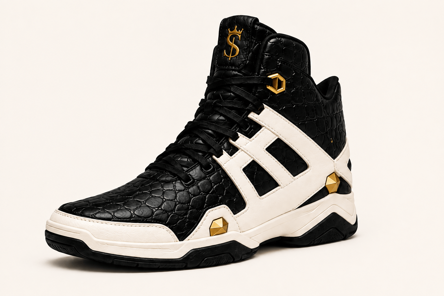 Pharaoh I footwear design preview in black, ivory, and gold