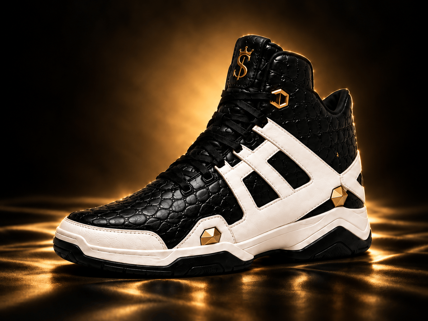 Pharaoh I footwear design preview in black, ivory, and gold