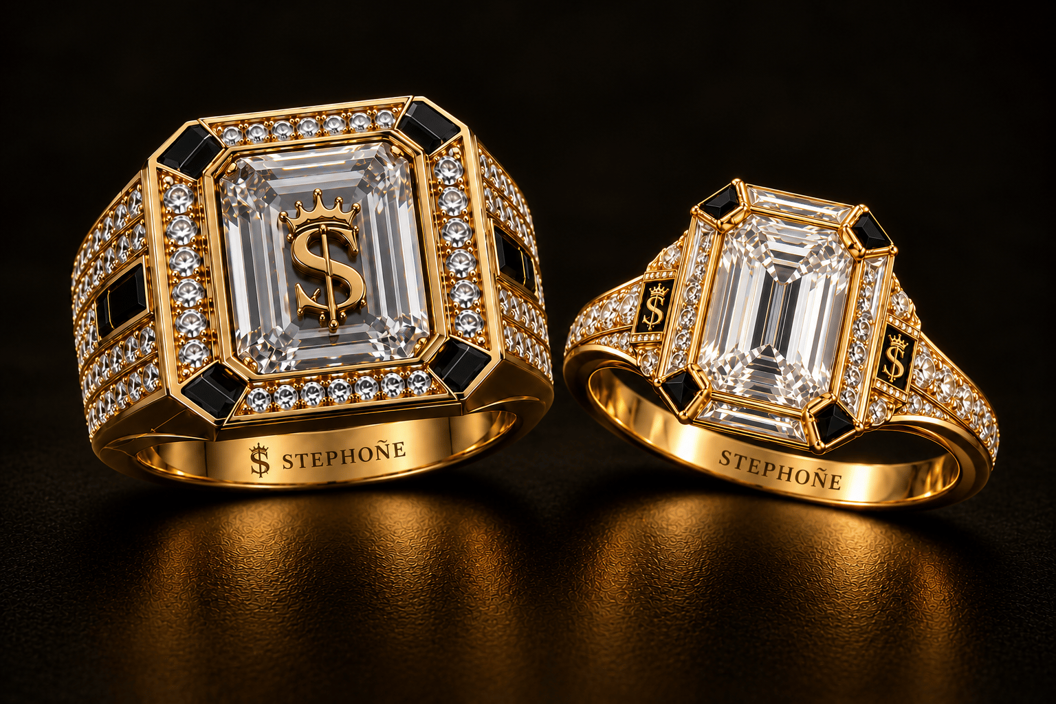 The Ancestral matching men's and women's rings resting beside each other in gold