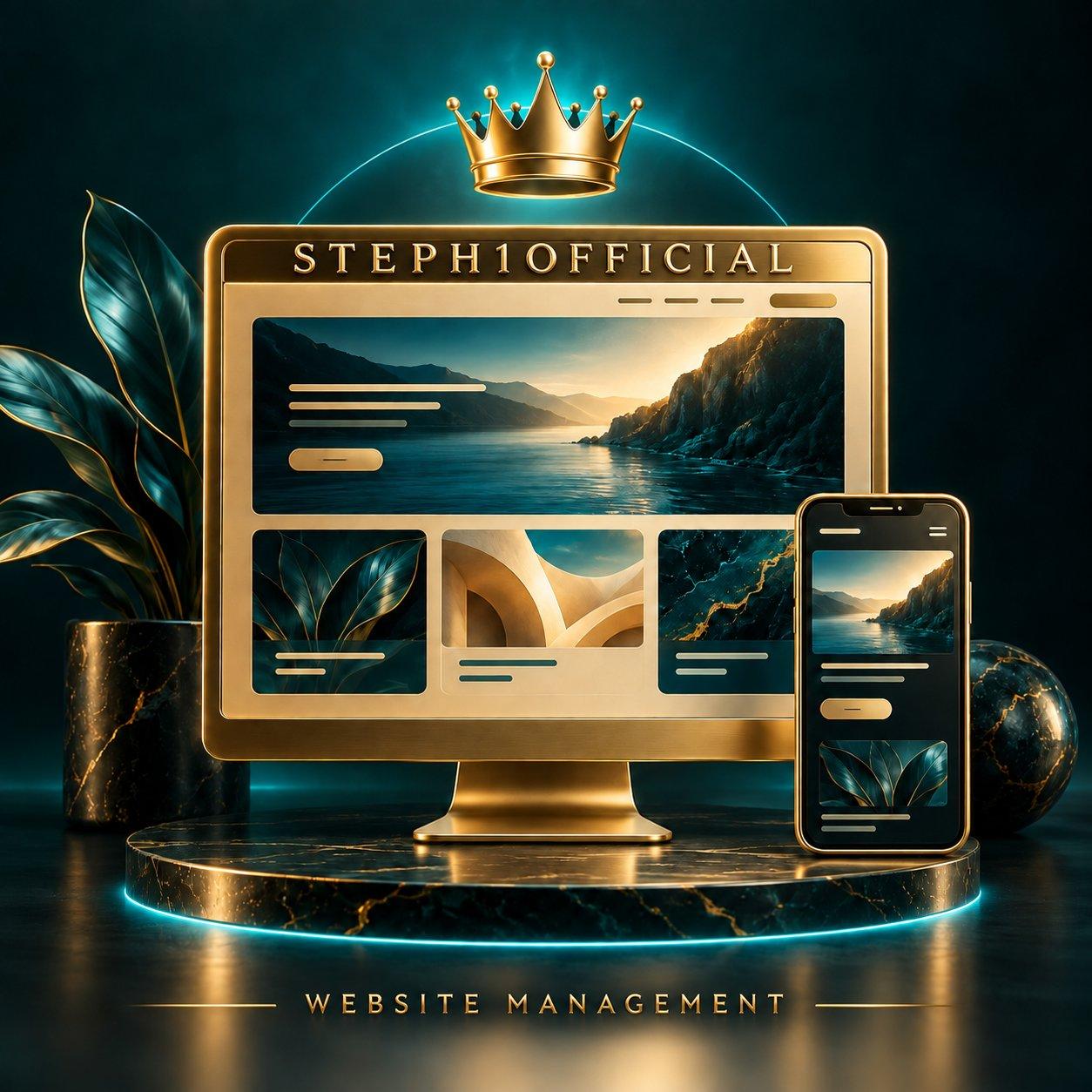 Steph1official Website Management: a gold desktop website and mobile screen beneath a crown