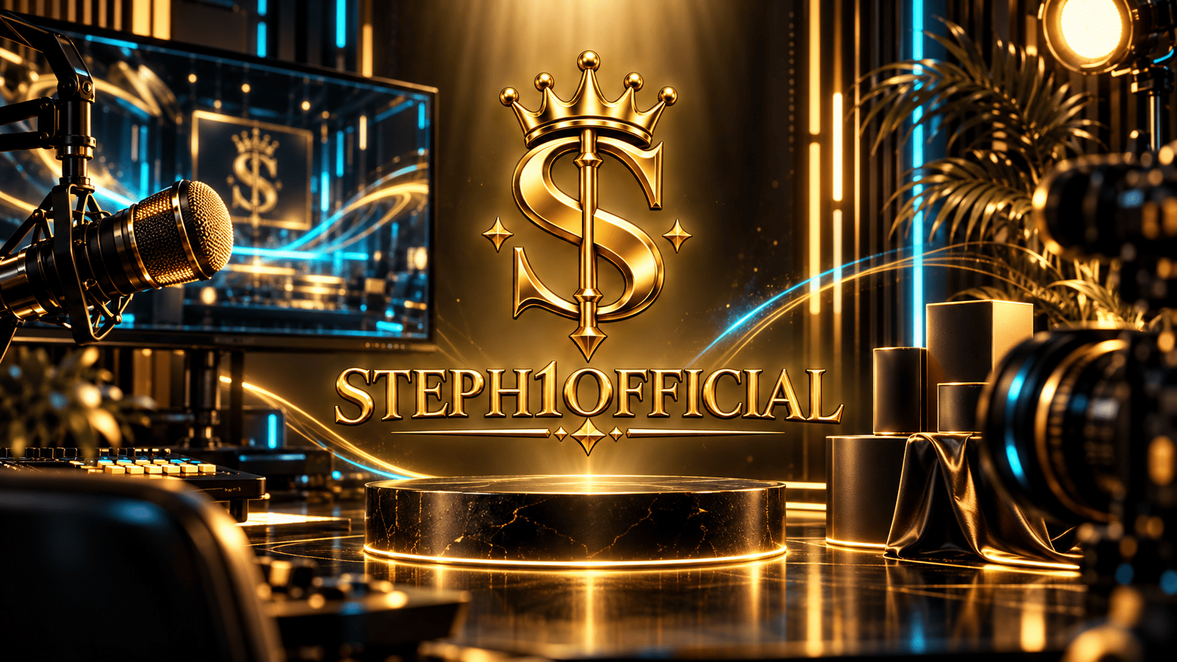 Steph1official gold crown and logo in a studio with microphones, cameras, and a product display