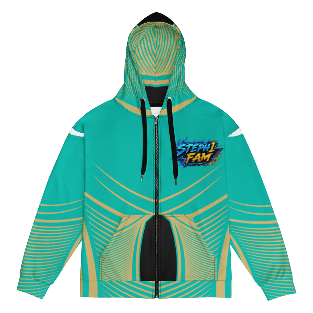 Steph1 Inner Circle Zip Hoodie in turquoise, black, and gold