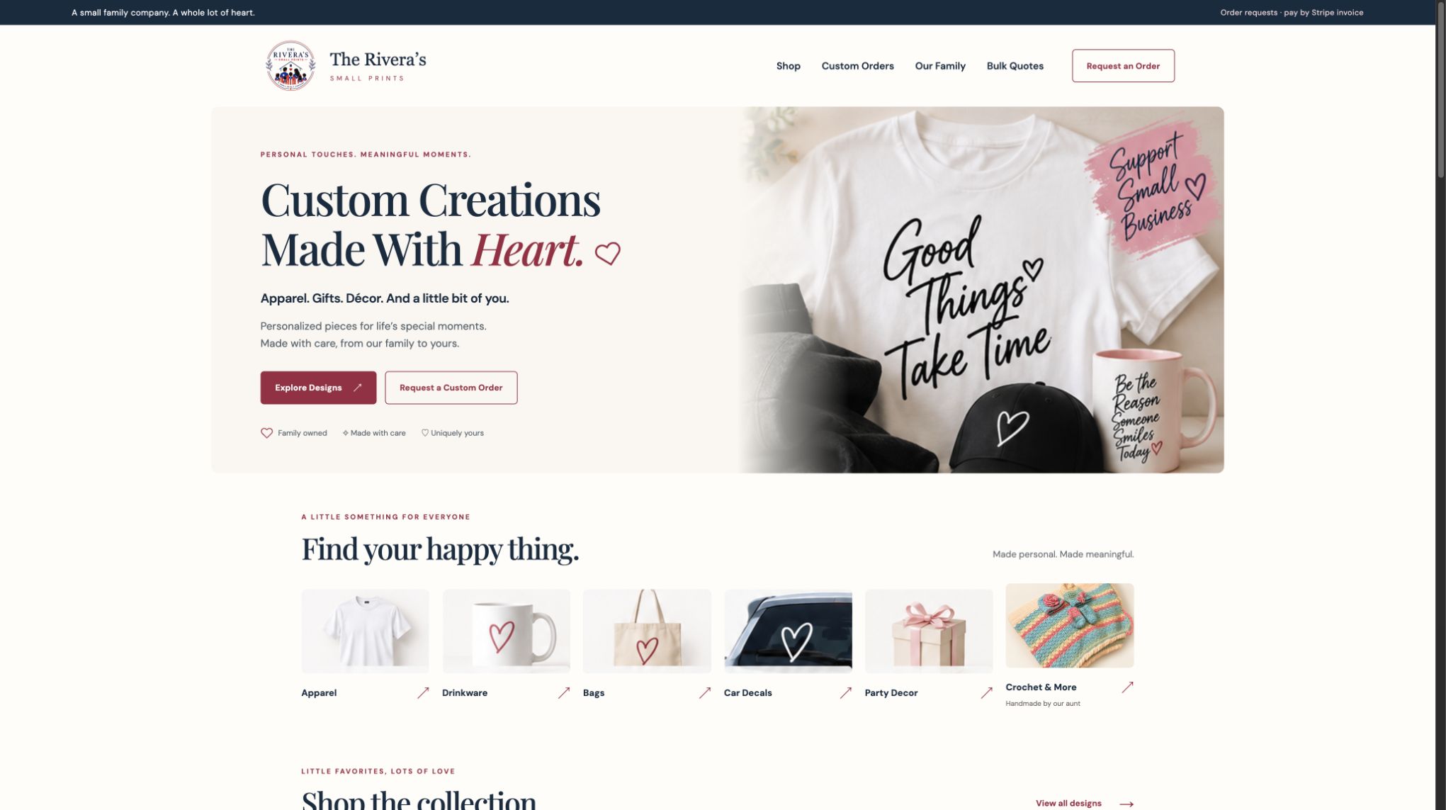 Made by Rivera homepage with custom gifts, apparel, and handmade crochet