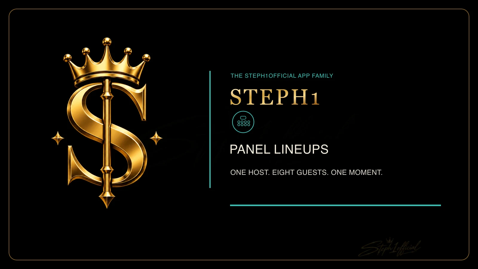 Panel Lineups wide card with its aqua host and guest grid centered in the Steph1 template
