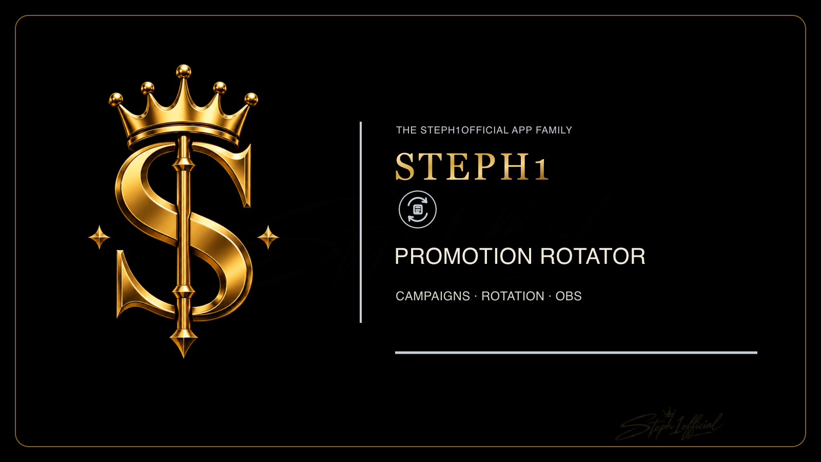 Approved Promotion Rotator wide card with silver accents, rotation icon, and gold Steph1 emblem