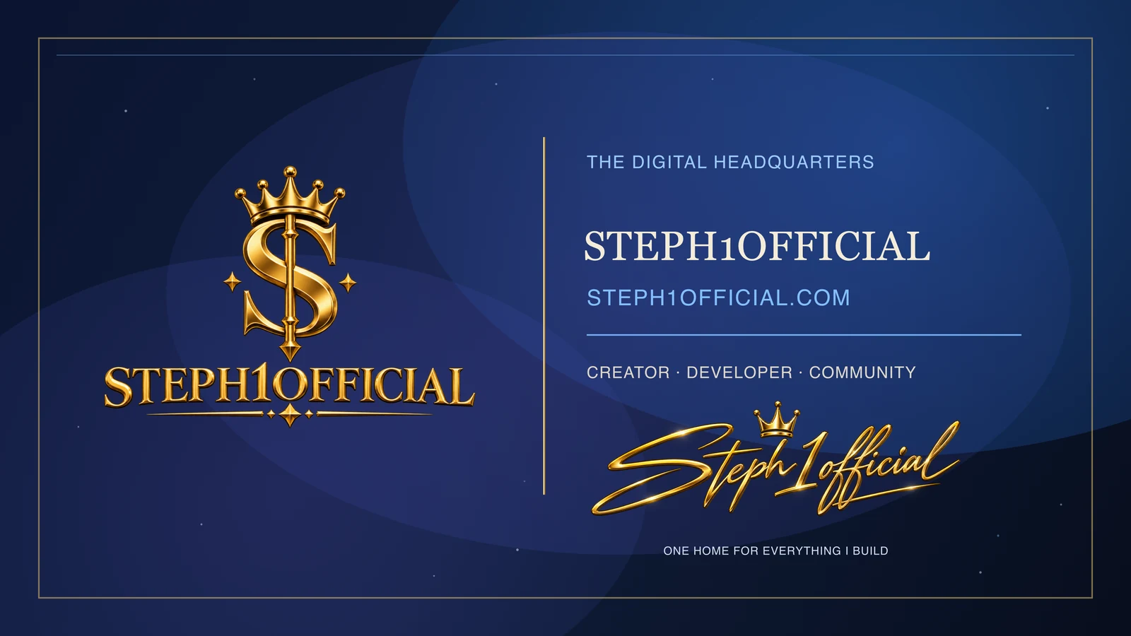 Steph1official royal-blue galaxy website cover with the gold crowned monogram and signature logo
